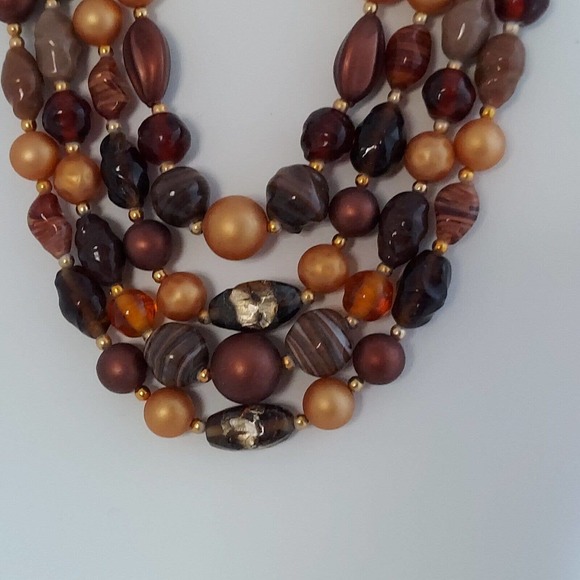 Vintage Japan Multi Strand Mix Bead Collar Necklace 15" Glass Brown Gold Estate - Picture 7 of 12
